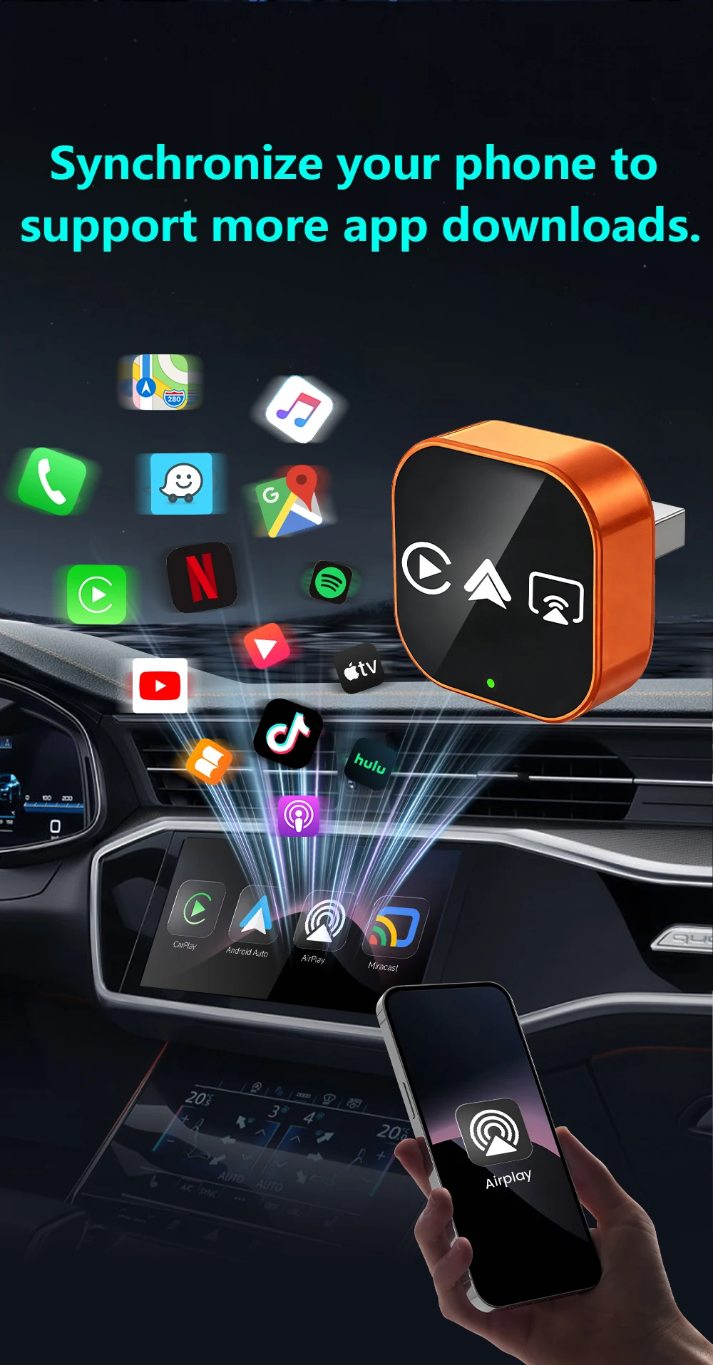 2026 Upgrade 4-in-1 Wired to Wireless CarPlay Android Auto Adapter with Screen Mirroring ios CarPlay/Android Auto/Mirroring