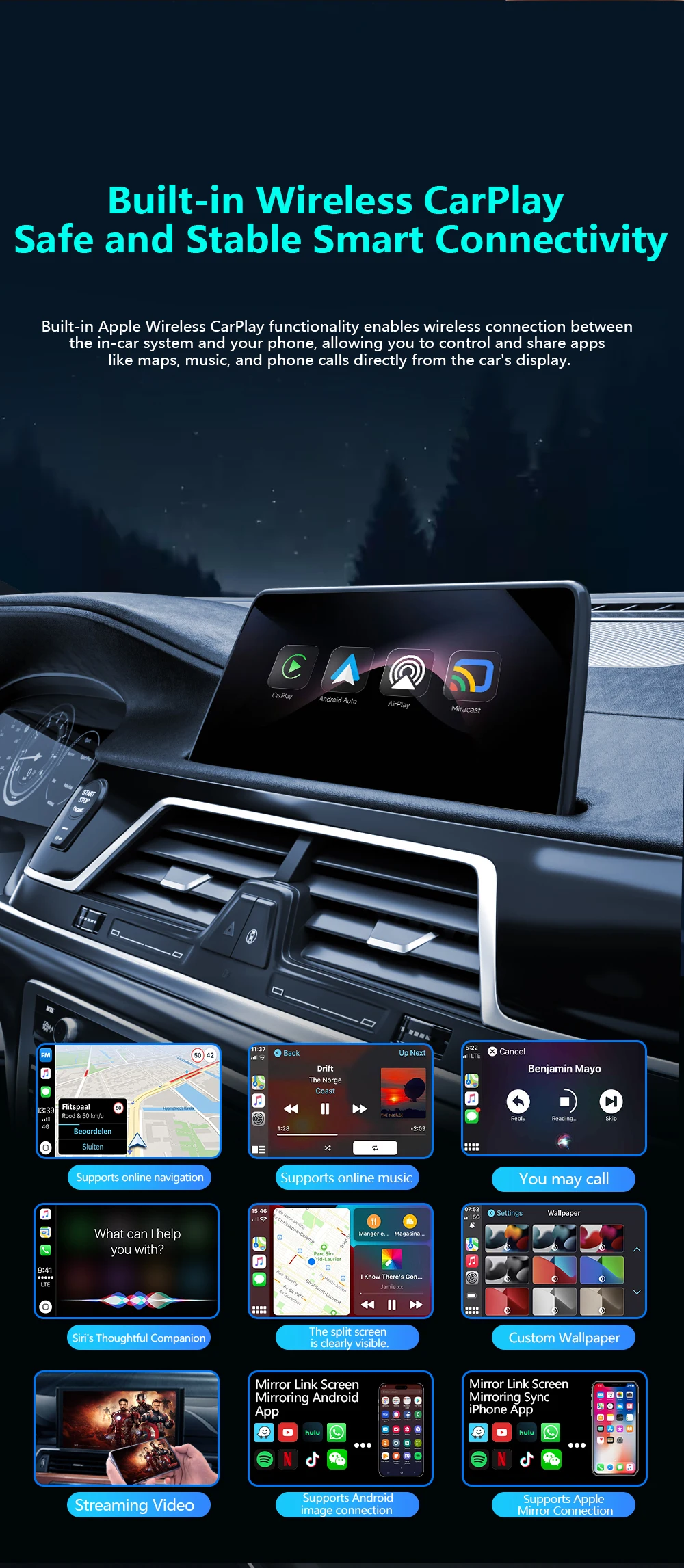 2026 Upgrade 4-in-1 Wired to Wireless CarPlay Android Auto Adapter with Screen Mirroring ios CarPlay/Android Auto/Mirroring