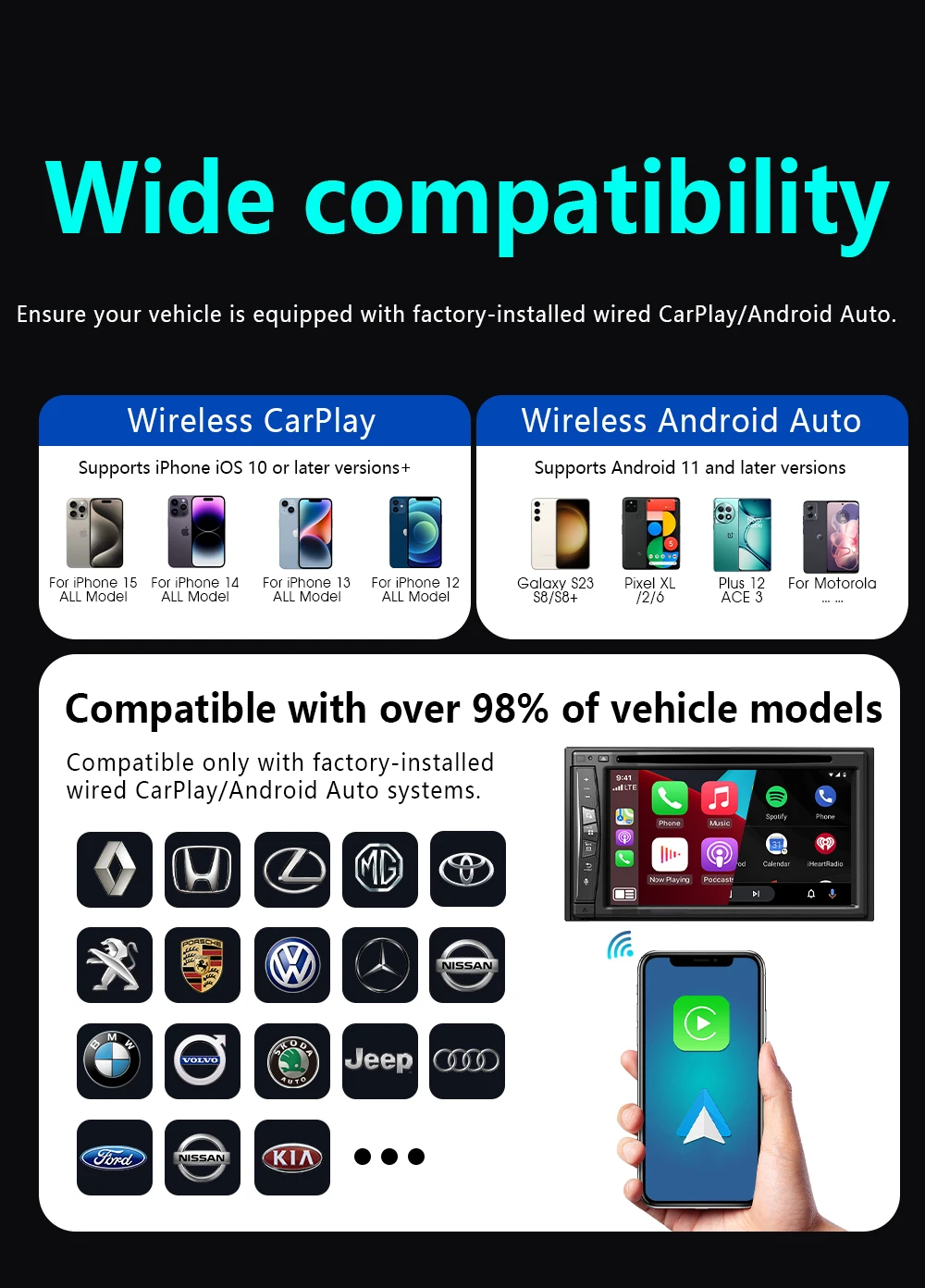 2026 Upgrade 4-in-1 Wired to Wireless CarPlay Android Auto Adapter with Screen Mirroring ios CarPlay/Android Auto/Mirroring