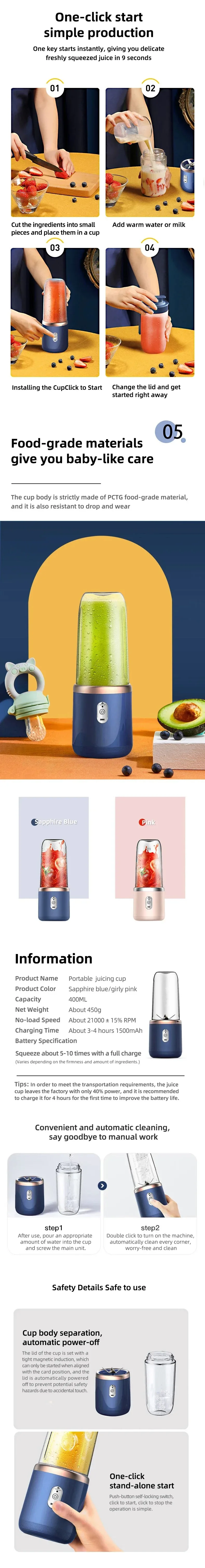 6 Color 400ml Portable USB Blender Electric Travel Juicer Cup For Smoothie Milkshake Kitchen Mini Mixer Tool