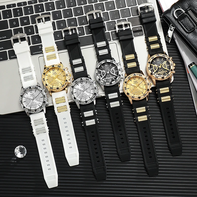 4PCS Fashion Arabic Dial Men Business Quartz Watch CasuSilicone Strap Wristwatch With Necklace Set Reloj Hombre (Without Box)