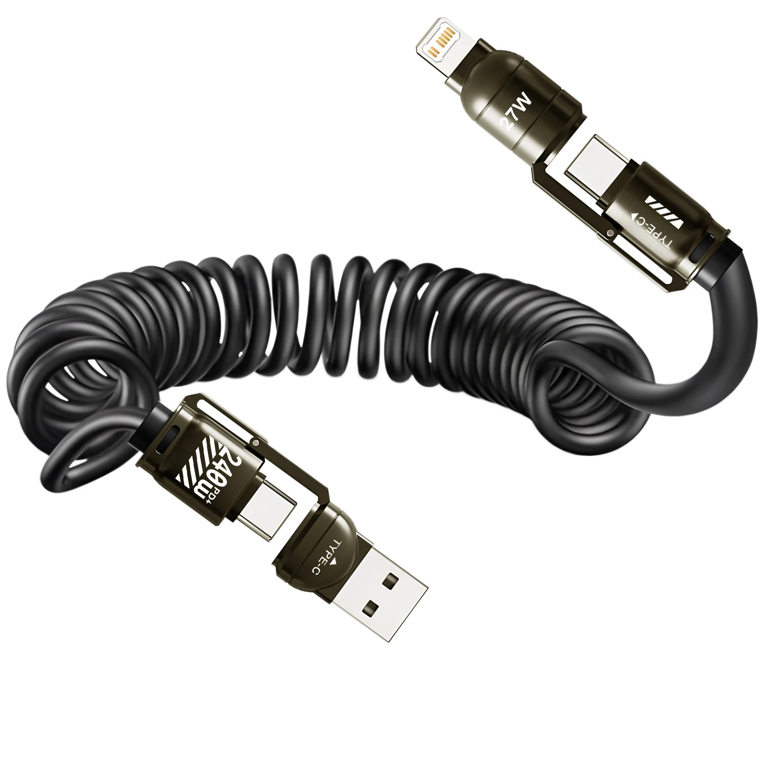 240W Fast Charging 4-in-1 Spring Car Data Cable Compatible with CarPlay for iPhone Samsung Huawei iPad USB C Charger Cord