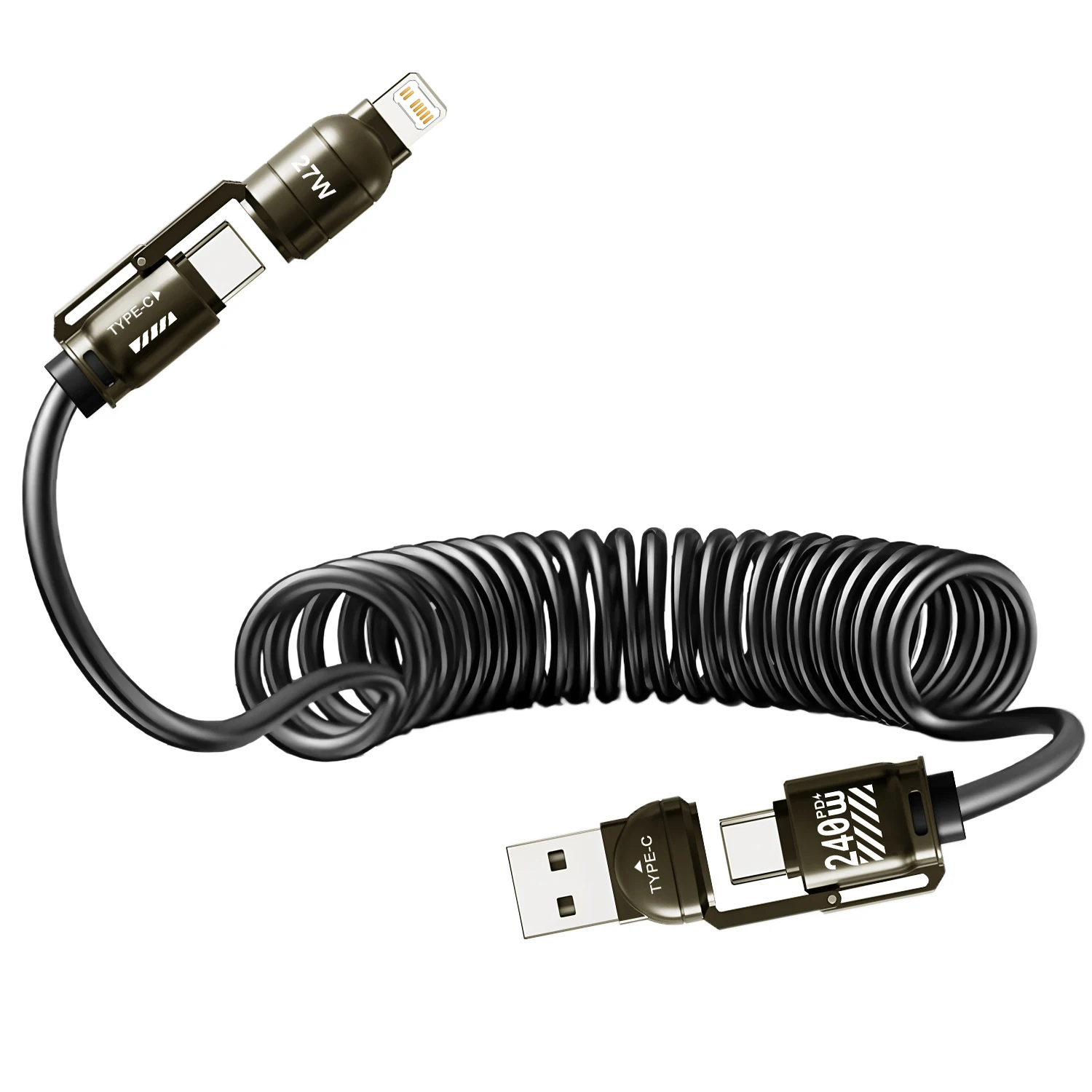 240W Fast Charging 4-in-1 Spring Car Data Cable Compatible with CarPlay for iPhone Samsung Huawei iPad USB C Charger Cord