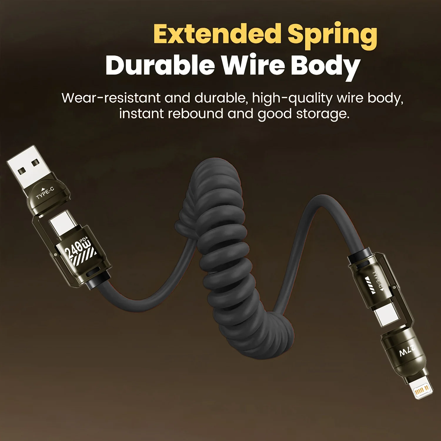 240W Fast Charging 4-in-1 Spring Car Data Cable Compatible with CarPlay for iPhone Samsung Huawei iPad USB C Charger Cord