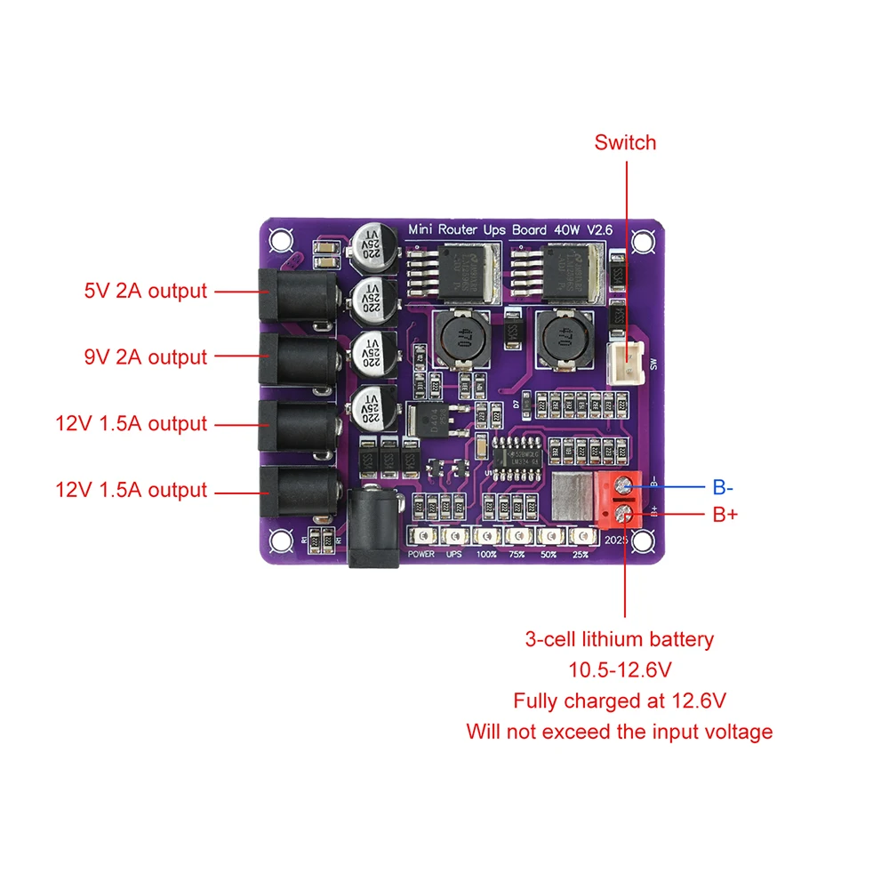 40W Mini Router UPS Board 5V 9V 12V 4-Channel Output Battery Charging Board For Router Uninterruptible Power Supply
