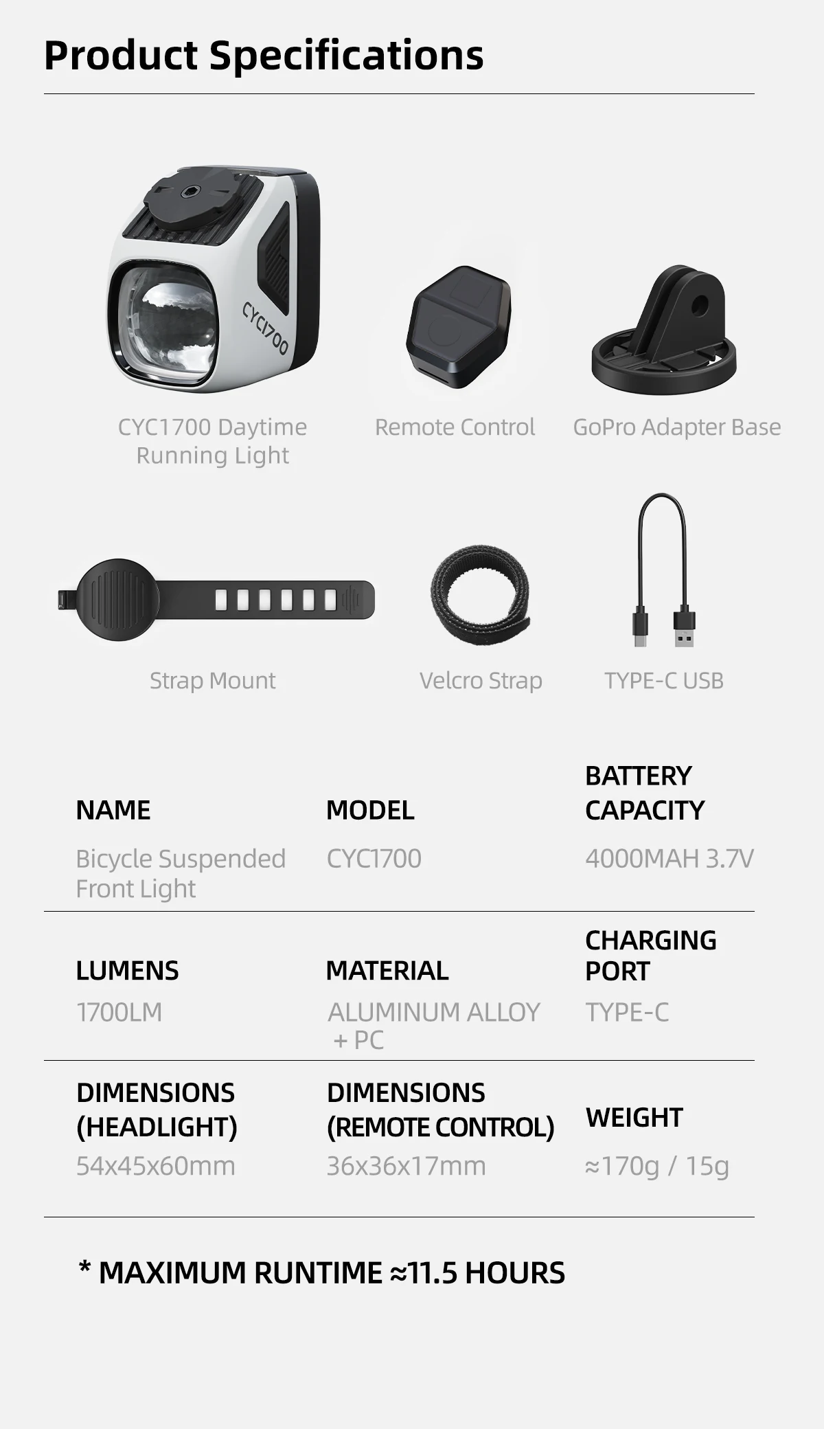 CYCLAMI CYC1700 Wireless Remote Hanging Bike Headlight High Brightness Cutoff Line Front Light 4000mAh 1700 Lumen Aluminum Alloy