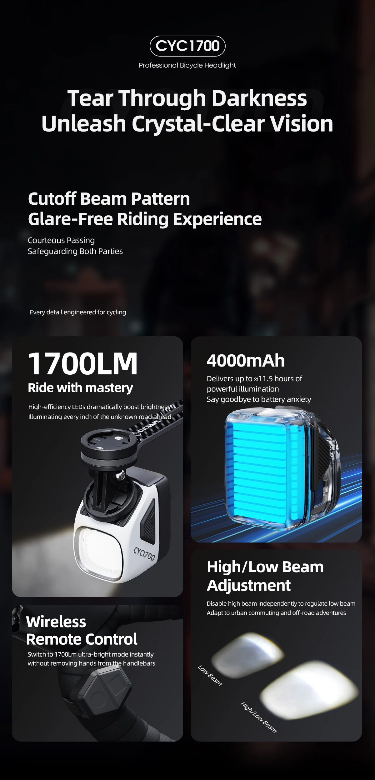 CYCLAMI CYC1700 Wireless Remote Hanging Bike Headlight High Brightness Cutoff Line Front Light 4000mAh 1700 Lumen Aluminum Alloy