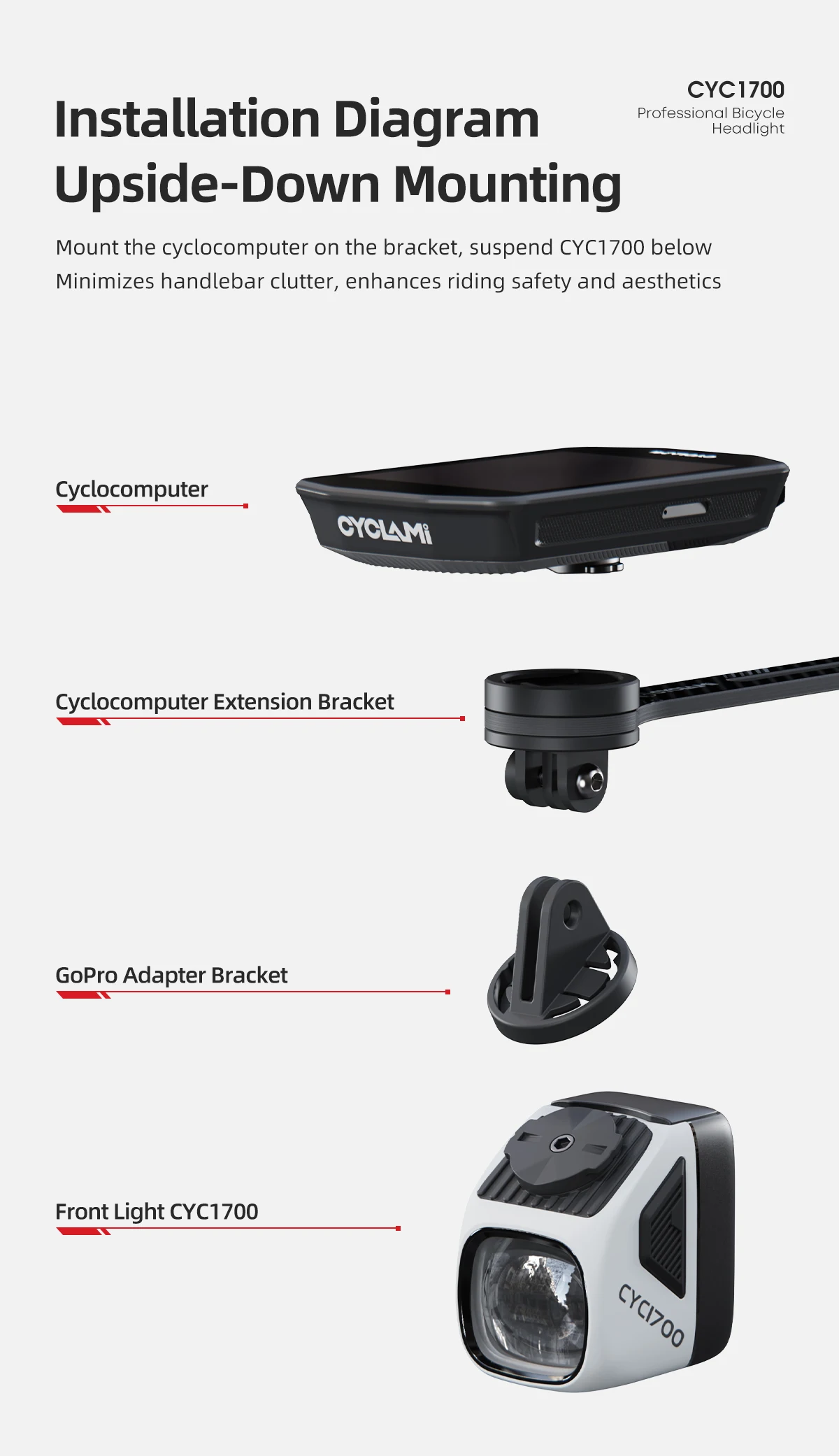 CYCLAMI CYC1700 Wireless Remote Hanging Bike Headlight High Brightness Cutoff Line Front Light 4000mAh 1700 Lumen Aluminum Alloy