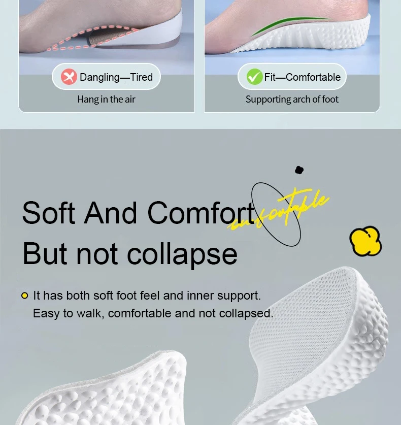 Height Increase Insoles Men Women Shoes Flat Feet Arch Support Orthopedic Insoles Sneakers Heel Lift Memory Foam Soft Shoe Pads