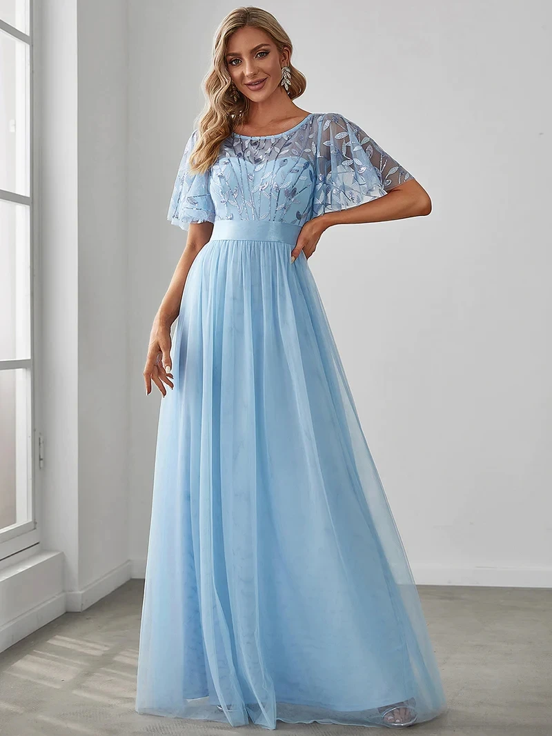 Elegant Evening Dresses Sequin Print Maxi Long with Cap Sleeve A-LINE Ever Pretty of Burgundy Gauze Prom Dresses Of Women
