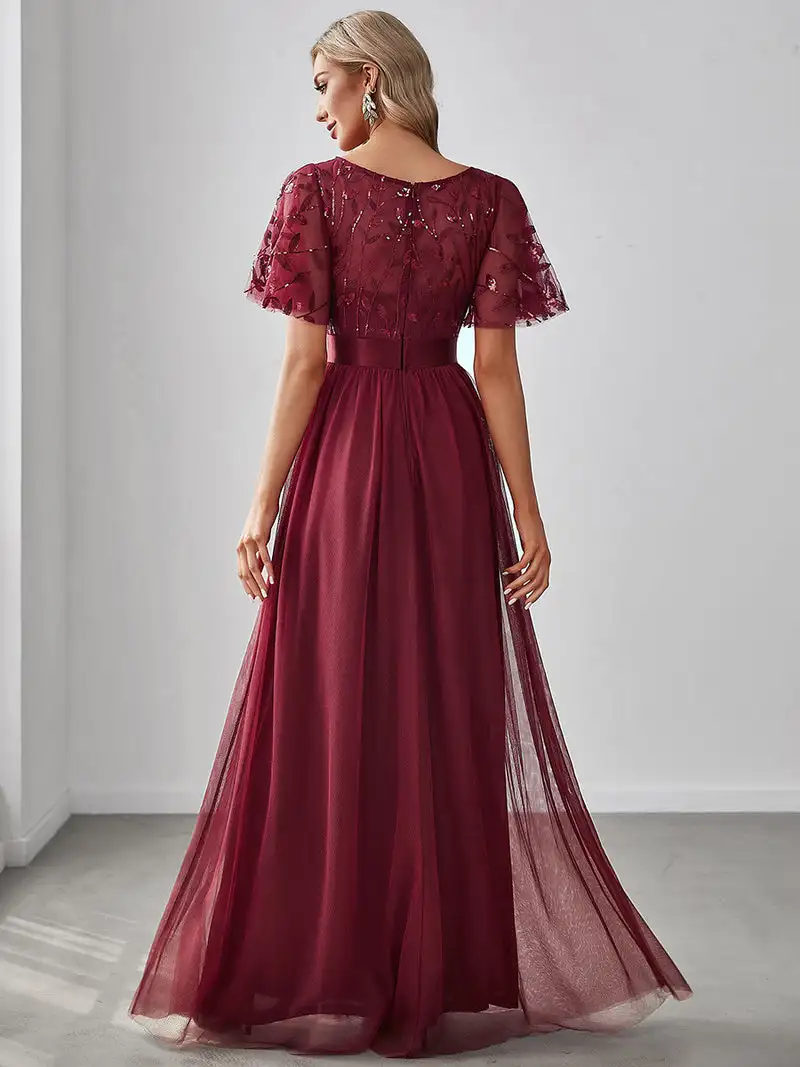 Elegant Evening Dresses Sequin Print Maxi Long with Cap Sleeve A-LINE Ever Pretty of Burgundy Gauze Prom Dresses Of Women