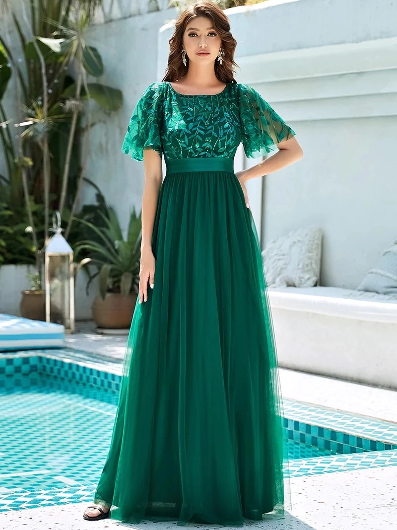 Elegant Evening Dresses Sequin Print Maxi Long with Cap Sleeve A-LINE Ever Pretty of Burgundy Gauze Prom Dresses Of Women