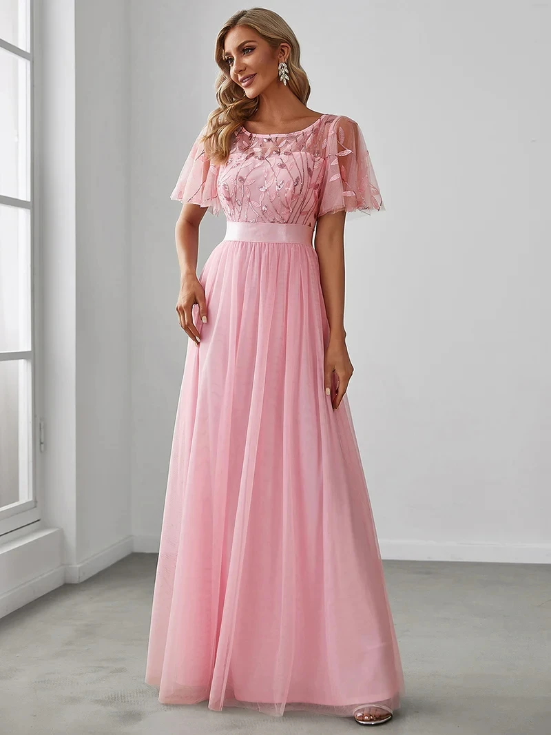 Elegant Evening Dresses Sequin Print Maxi Long with Cap Sleeve A-LINE Ever Pretty of Burgundy Gauze Prom Dresses Of Women