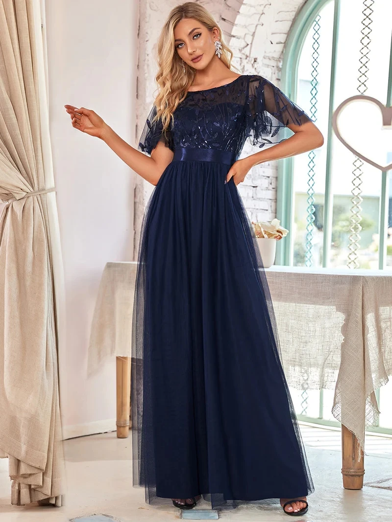 Elegant Evening Dresses Sequin Print Maxi Long with Cap Sleeve A-LINE Ever Pretty of Burgundy Gauze Prom Dresses Of Women