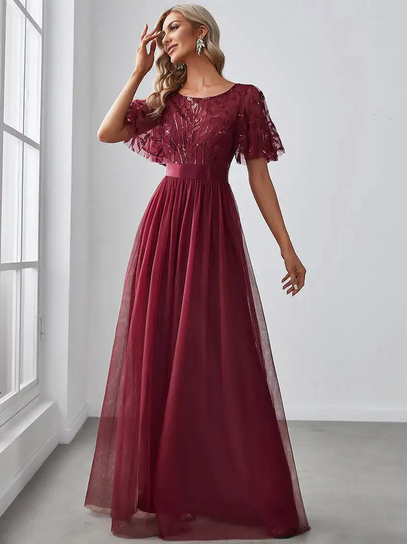 Elegant Evening Dresses Sequin Print Maxi Long with Cap Sleeve A-LINE Ever Pretty of Burgundy Gauze Prom Dresses Of Women