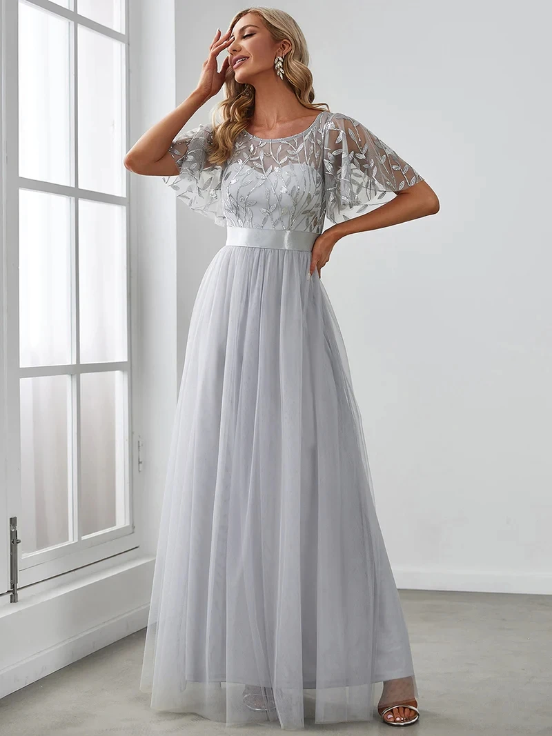 Elegant Evening Dresses Sequin Print Maxi Long with Cap Sleeve A-LINE Ever Pretty of Burgundy Gauze Prom Dresses Of Women