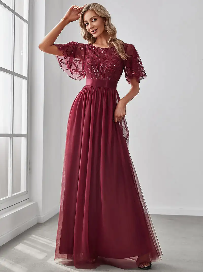 Elegant Evening Dresses Sequin Print Maxi Long with Cap Sleeve A-LINE Ever Pretty of Burgundy Gauze Prom Dresses Of Women