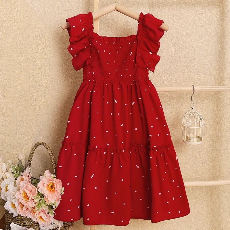 Summer Girl Clothes Sleeveless Dress Lace Cuff Suspender Dress Square Neck Polka Dot Princess Skirt Elegant Party Dress