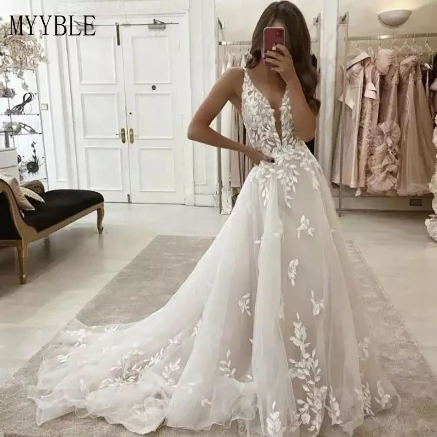 MYYBLE Customized Wedding Dresses Bohemia V-Neck Beach Bridal Gown Vintage A-Line Appliques Vestido De Novia for Women