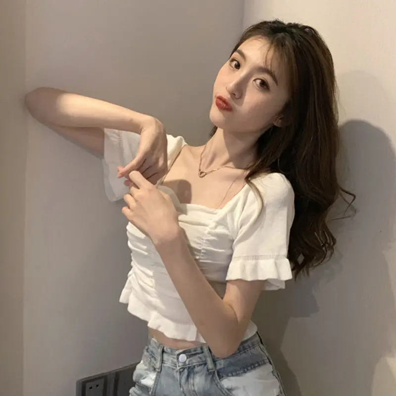 Knitted Fashion Blouse Woman Ruffle Youth Elegant Blouse Summer Crop Top Sexy Slim Fit Shirt Short Sleeve