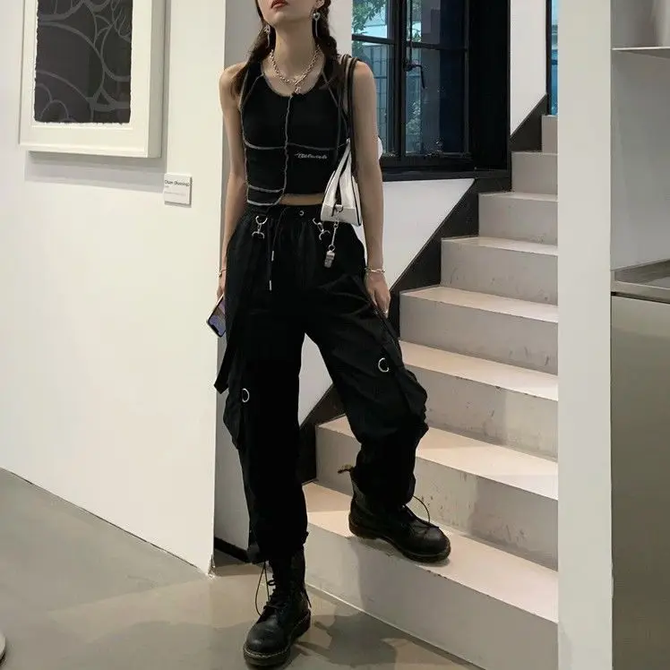 New Harajuku Goth Jogging Cargo Pants Women Streetwear Black High Waist Solid Color Oversized Pant Casual Trousers Female