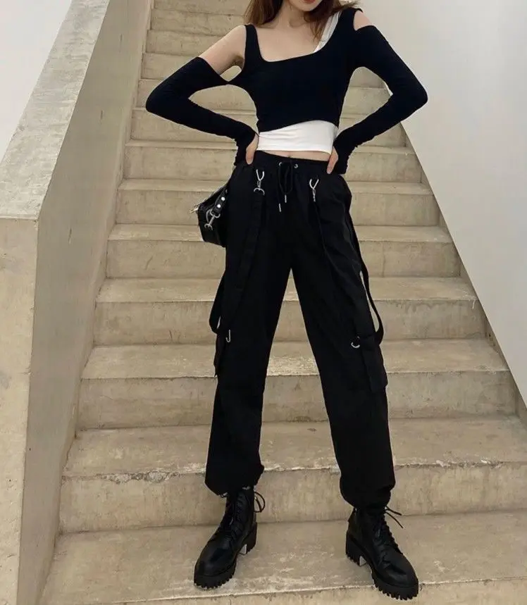 New Harajuku Goth Jogging Cargo Pants Women Streetwear Black High Waist Solid Color Oversized Pant Casual Trousers Female