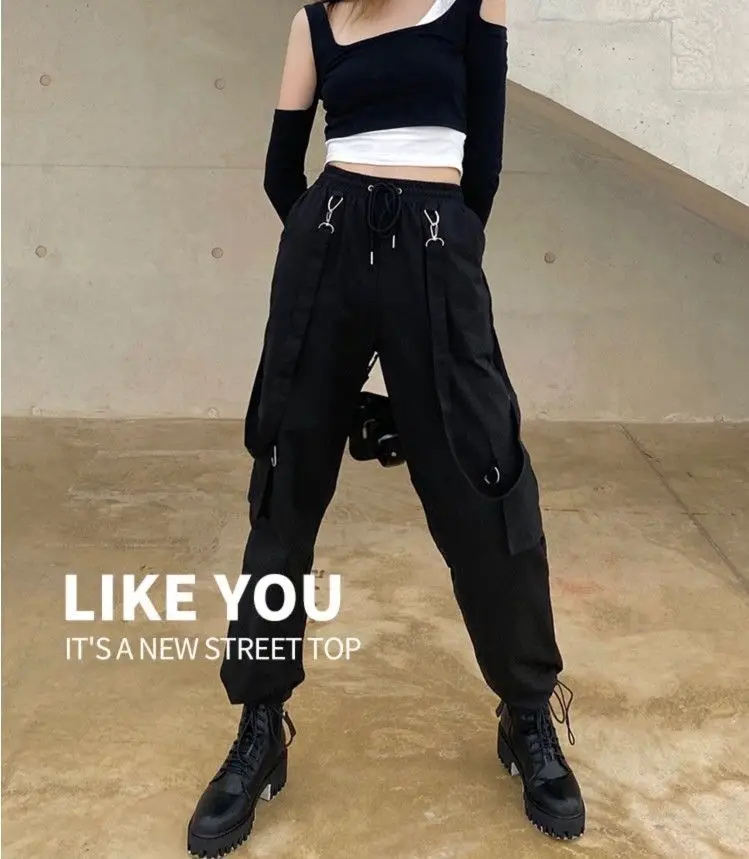 New Harajuku Goth Jogging Cargo Pants Women Streetwear Black High Waist Solid Color Oversized Pant Casual Trousers Female