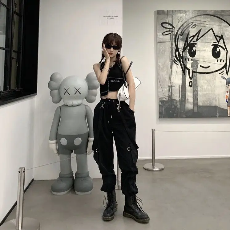 New Harajuku Goth Jogging Cargo Pants Women Streetwear Black High Waist Solid Color Oversized Pant Casual Trousers Female