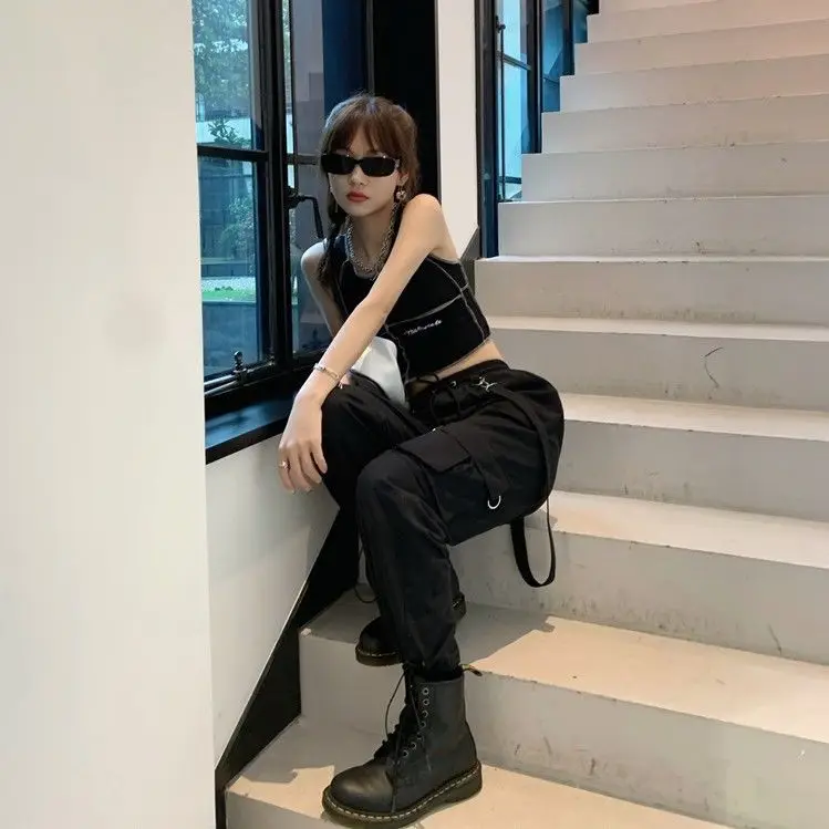 New Harajuku Goth Jogging Cargo Pants Women Streetwear Black High Waist Solid Color Oversized Pant Casual Trousers Female