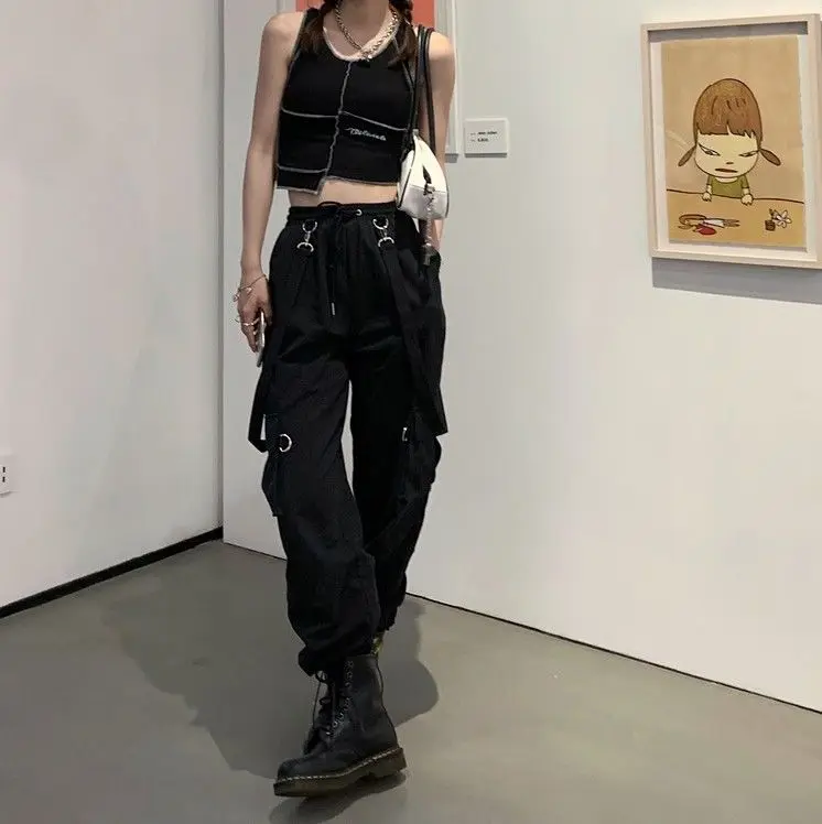 New Harajuku Goth Jogging Cargo Pants Women Streetwear Black High Waist Solid Color Oversized Pant Casual Trousers Female