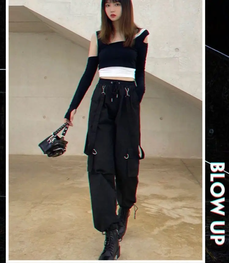 New Harajuku Goth Jogging Cargo Pants Women Streetwear Black High Waist Solid Color Oversized Pant Casual Trousers Female