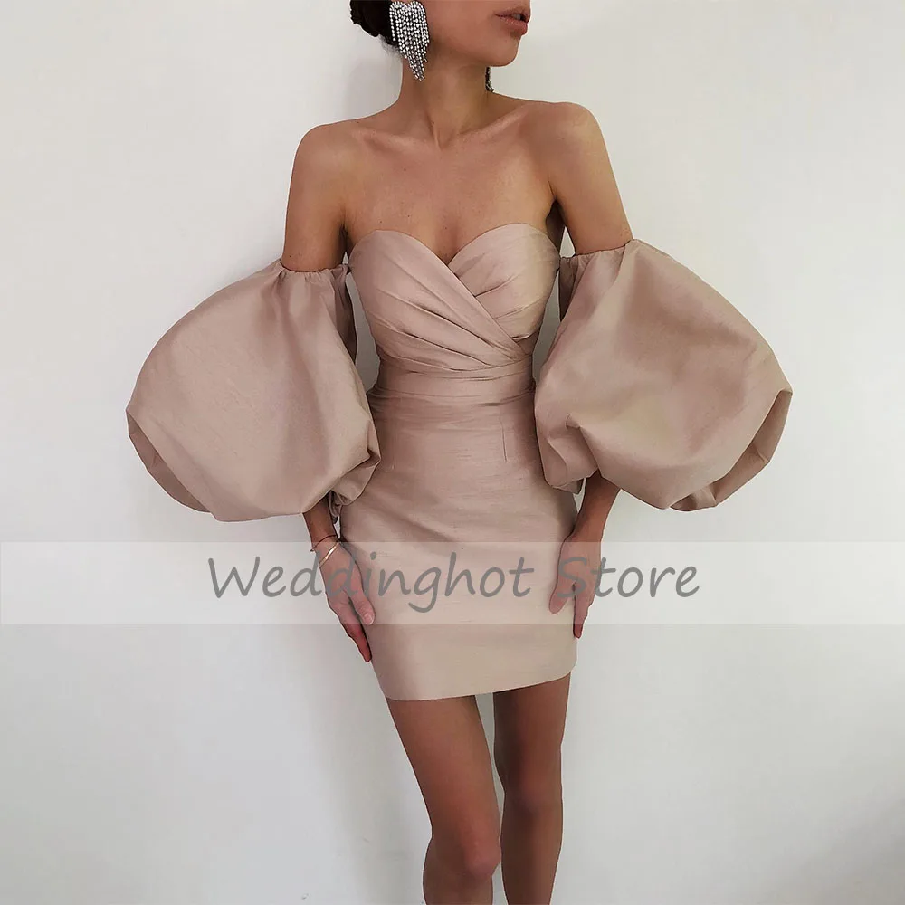 Dusty Pink Satin Evening Party Dresses Detachable Puff Sleeves Sweetheart Pleats Short Prom Gowns 2021 Modern vestidos de fiesta