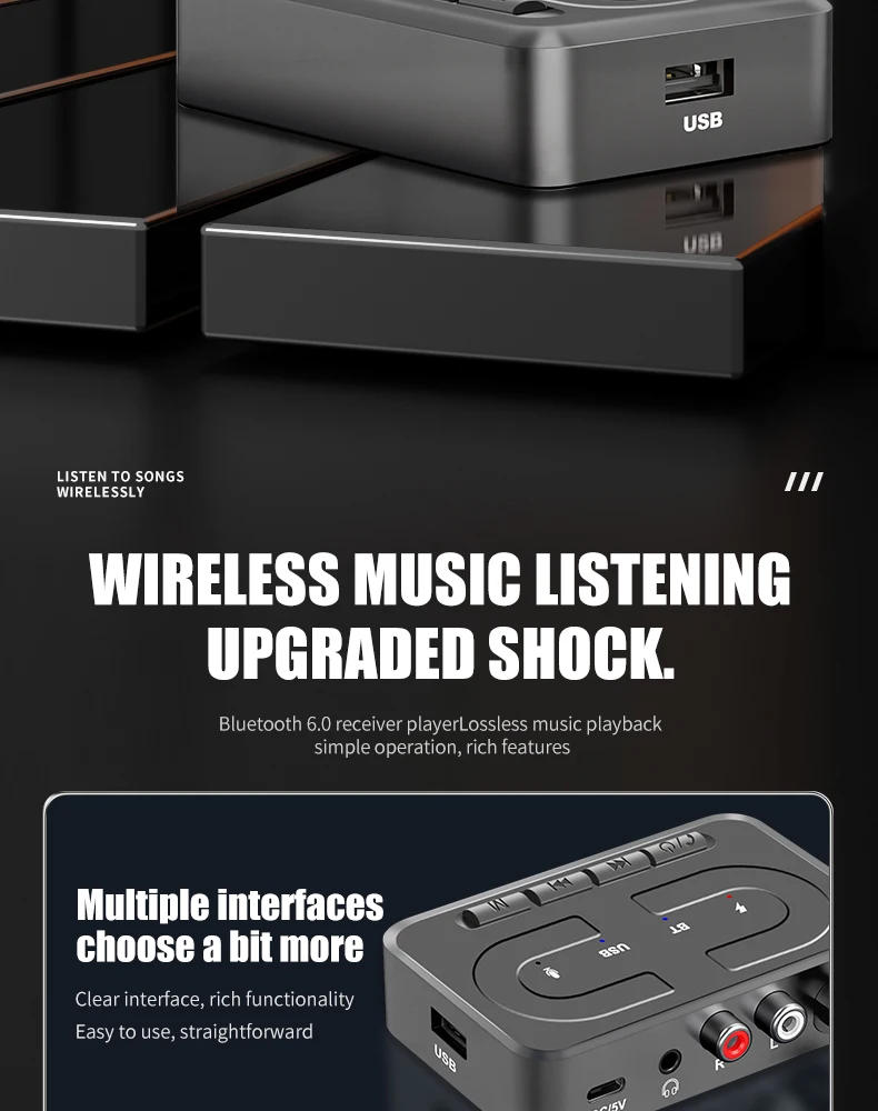 VAORLO Bluetooth 6.0 Audio Receiver 3.5mm AUX RCA With Mic HIFI Stereo Wireless Adapter Support USB U-Disk For Car Speaker Amp