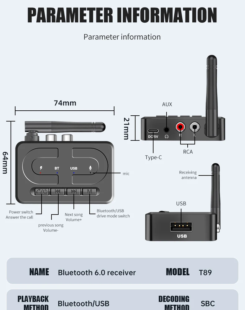 VAORLO Bluetooth 6.0 Audio Receiver 3.5mm AUX RCA With Mic HIFI Stereo Wireless Adapter Support USB U-Disk For Car Speaker Amp