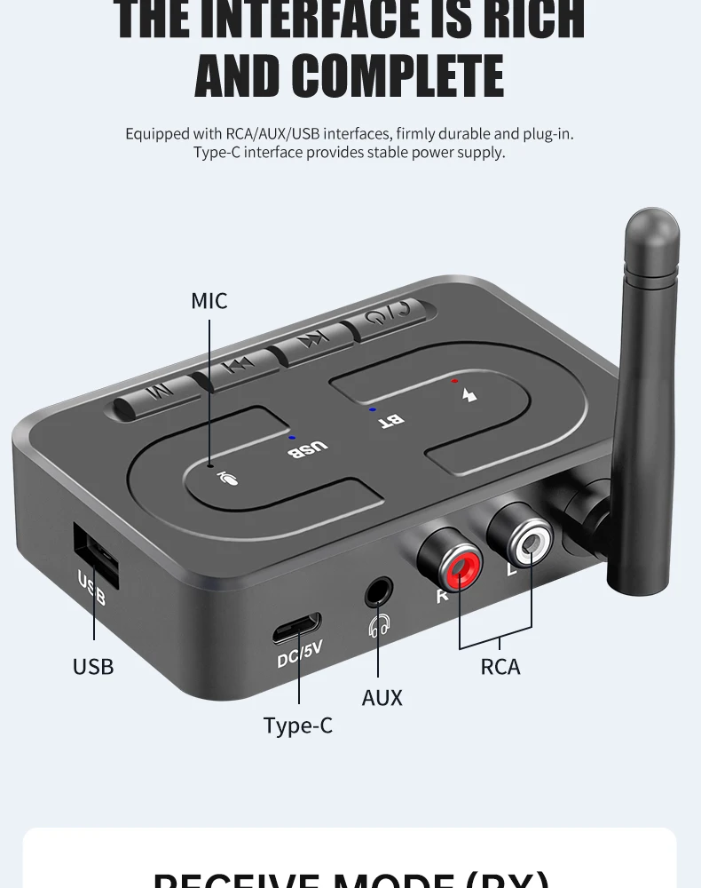 VAORLO Bluetooth 6.0 Audio Receiver 3.5mm AUX RCA With Mic HIFI Stereo Wireless Adapter Support USB U-Disk For Car Speaker Amp