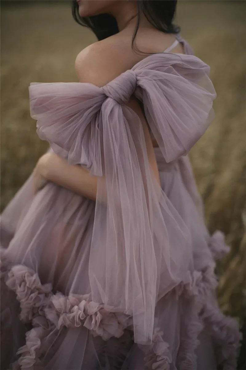 Dusty Pink Maternity Evening Dresses Robes for Photo Shoot Baby Shower Ruffle Tulle Chic Women Dress Nightgown Photography Robe