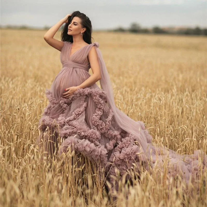 Dusty Pink Maternity Evening Dresses Robes for Photo Shoot Baby Shower Ruffle Tulle Chic Women Dress Nightgown Photography Robe