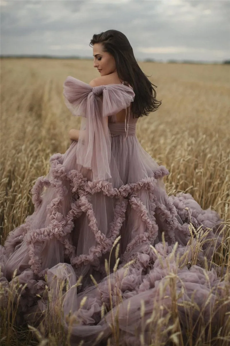 Dusty Pink Maternity Evening Dresses Robes for Photo Shoot Baby Shower Ruffle Tulle Chic Women Dress Nightgown Photography Robe
