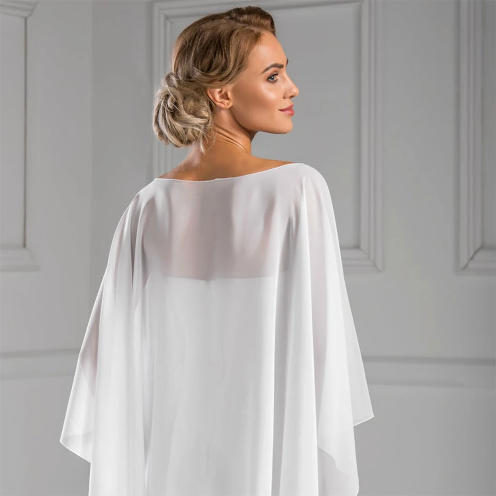 Wedding Bridal Chiffon Long Cape Dinner Party Formal Lady Cloak O-neck Prom Women Shawl Elegant High-low Wrap White Pink Black