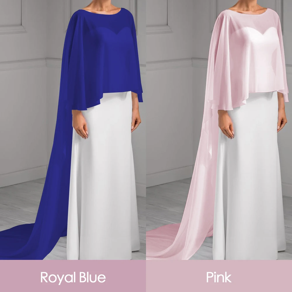 Wedding Bridal Chiffon Long Cape Dinner Party Formal Lady Cloak O-neck Prom Women Shawl Elegant High-low Wrap White Pink Black