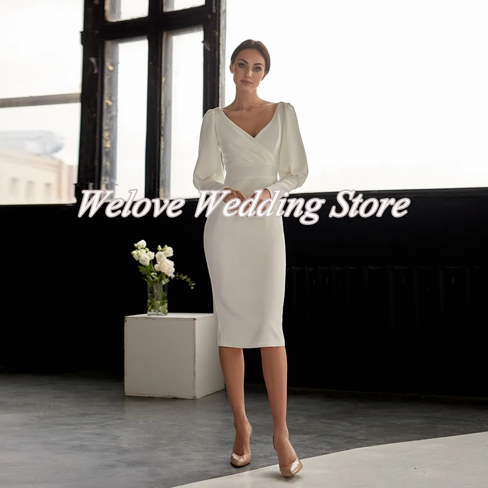 Civil Short Wedding Dress For Woman Long Sleeves Knee Length V Neck Ivory Bridal Gown Elegant Engagement Party Свадебное платье