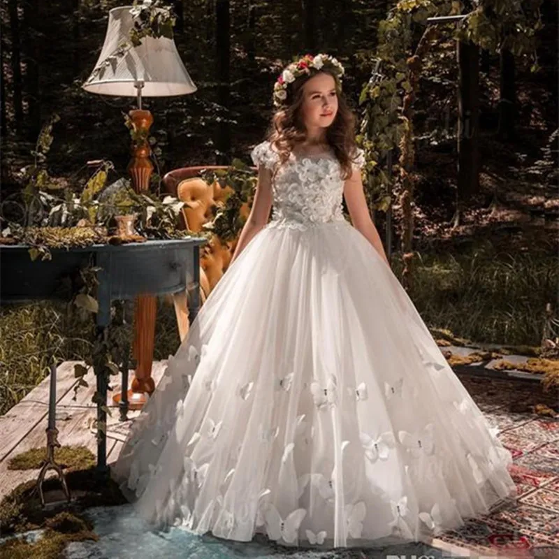 Flower Girl Dresses Tulle Beading Appliqued Pageant Dresses For Girls First Communion Dresses Kids Prom Dresses