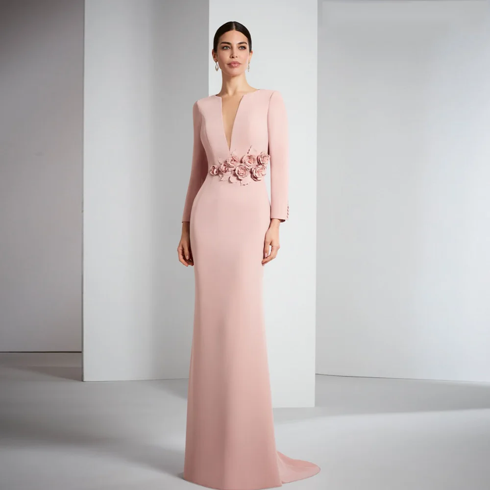Elegant Pink Mother of the Bride Dresses V Neck Long Sleeves Customized Wedding Party Gowns Flowers Mermaid 2025 فساتين السهرة
