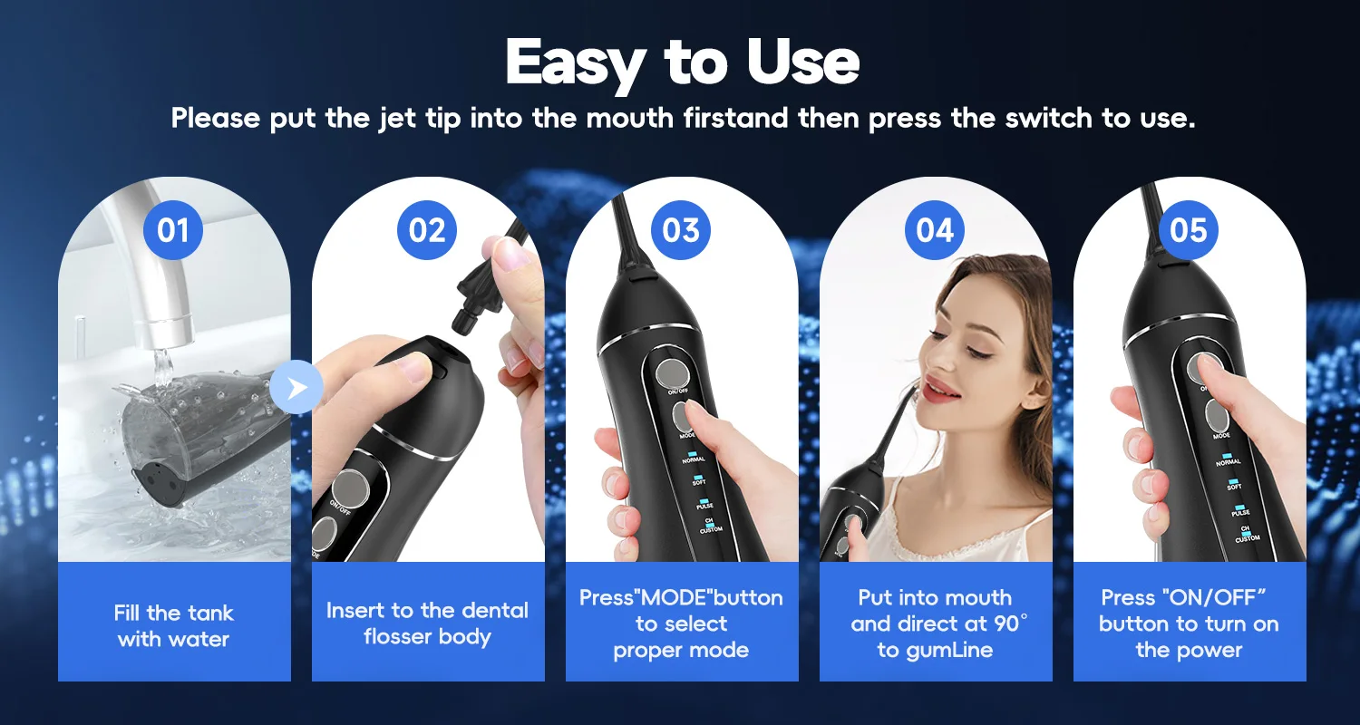 Water Floss Portable Cordless F18 Water Flosser 3 Cleaning Modes Waterproof Rechargeable Water Cleaner 4 Nozzles Clean Gums