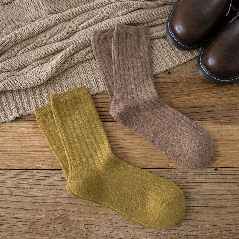 CHAOZHU Thicken Warm Merino Wool Classic Solid Colors Rib Socks Women High Quality Loose Crew Fashion Japanese Korea Sock Winter