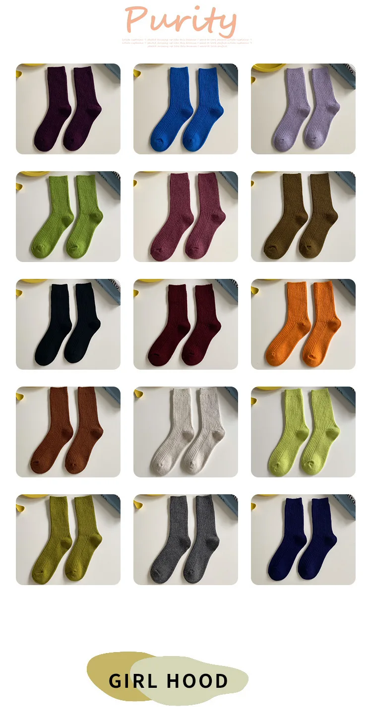 CHAOZHU Thicken Warm Merino Wool Classic Solid Colors Rib Socks Women High Quality Loose Crew Fashion Japanese Korea Sock Winter