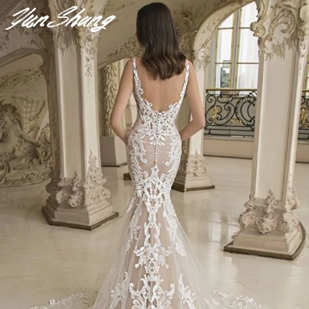 YunShang Deep V-Neck Wedding Dresses Lace Appliques Sleeveless Sexy Mermaid Bride Gown Backless Vestidos De Noiva Customized