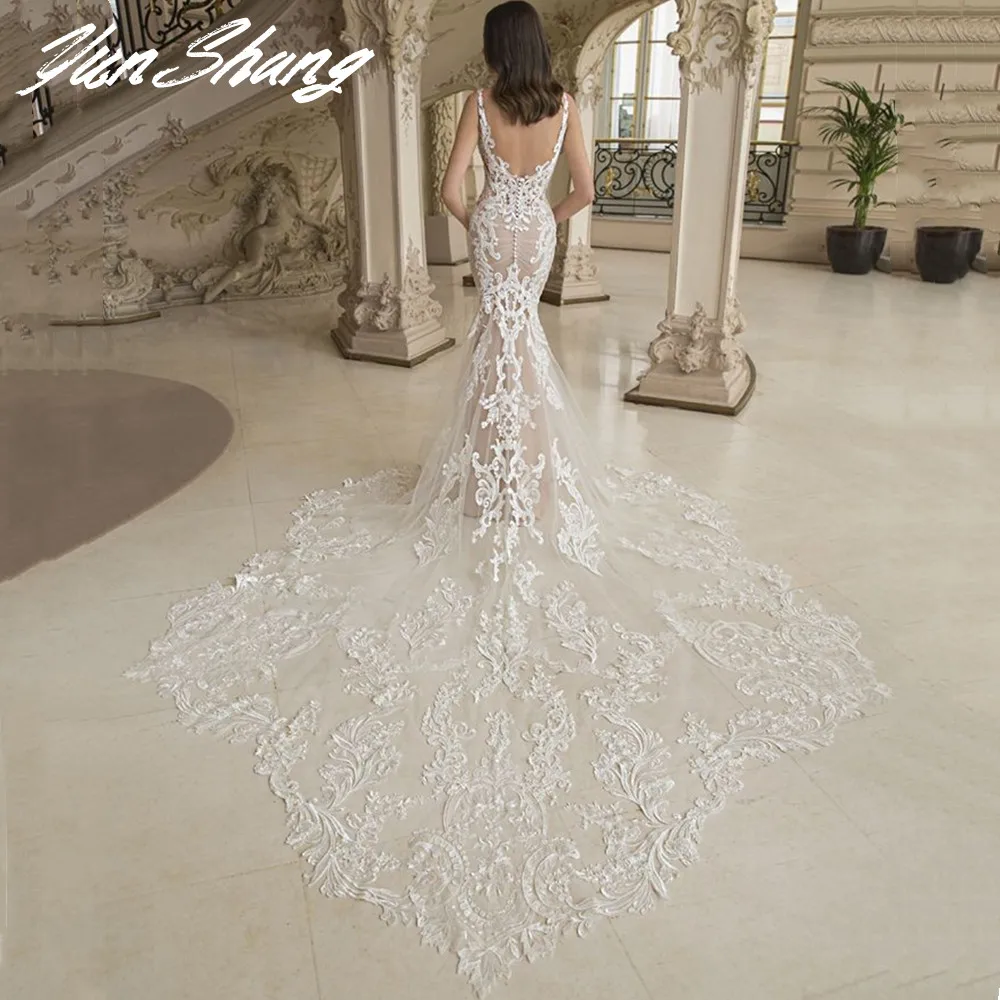 YunShang Deep V-Neck Wedding Dresses Lace Appliques Sleeveless Sexy Mermaid Bride Gown Backless Vestidos De Noiva Customized