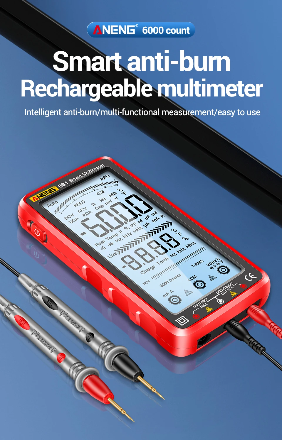 ANENG 681 Rechargable Digital Professional Multimeter Non-contact Voltage Tester AC/DC Voltage Meter LCD Screen Current Tester