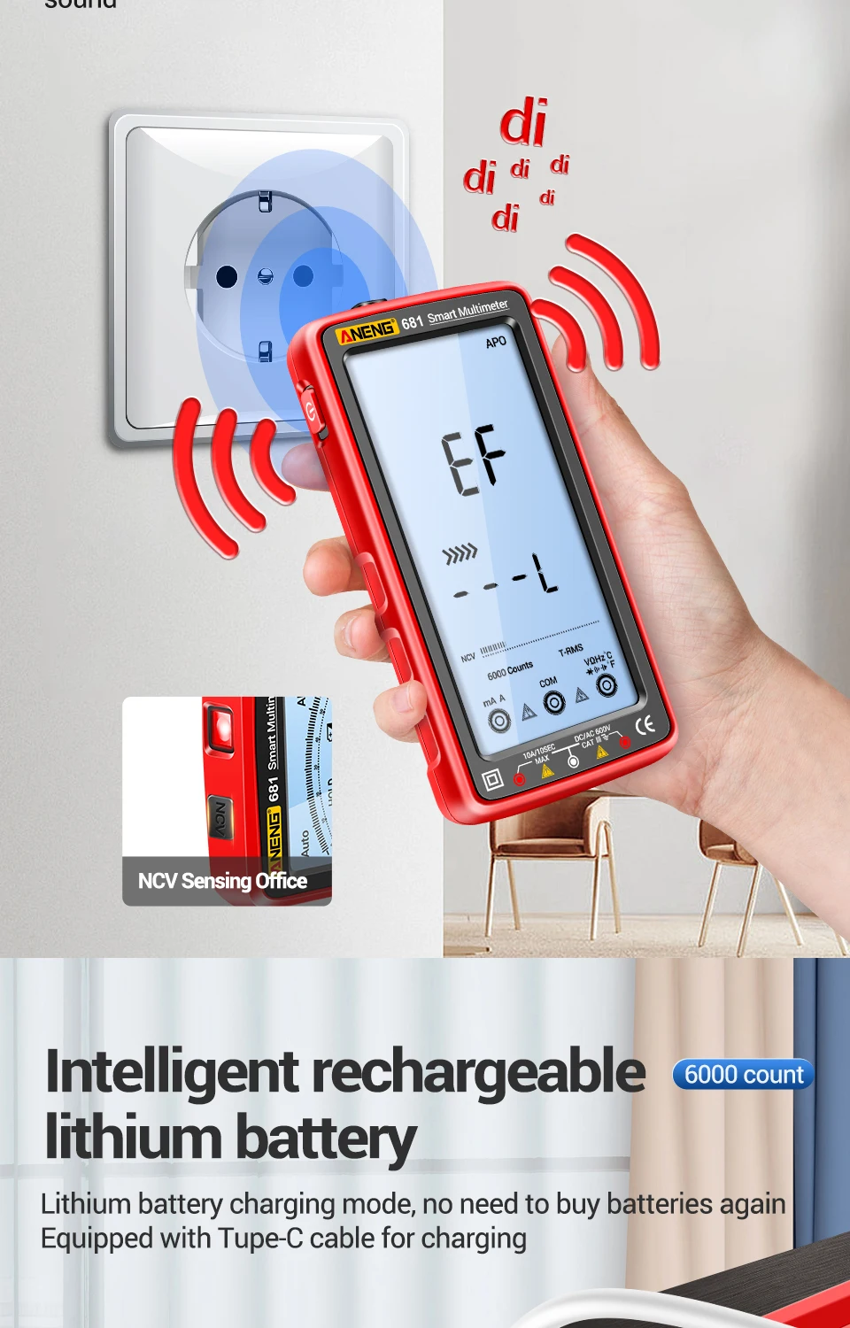 ANENG 681 Rechargable Digital Professional Multimeter Non-contact Voltage Tester AC/DC Voltage Meter LCD Screen Current Tester